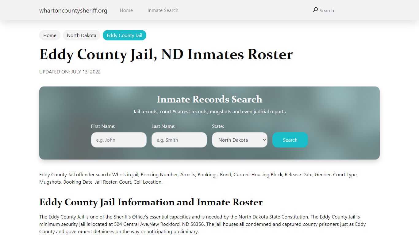 Eddy County Jail, ND Jail Roster, Name Search